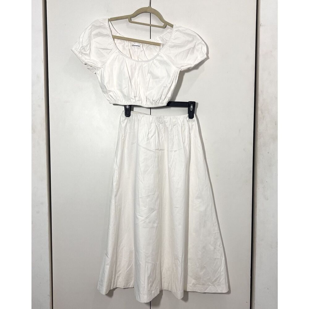 Reformation Crop Top Midi Skirt 2 Piece Set Puff Sleeve Organic Cotton White 2